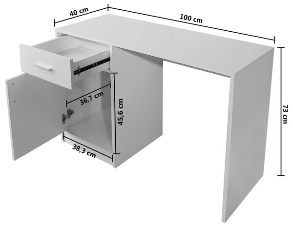 100x40x73 cm Fehér íróasztal fiókkal és szekrénnyel