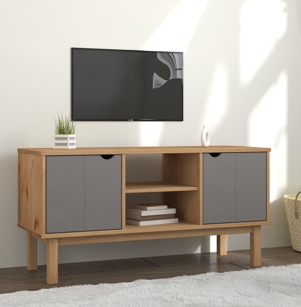 OTTA barna és szürke tömör fenyőfa TV-szekrény 113,5x43x57 cm