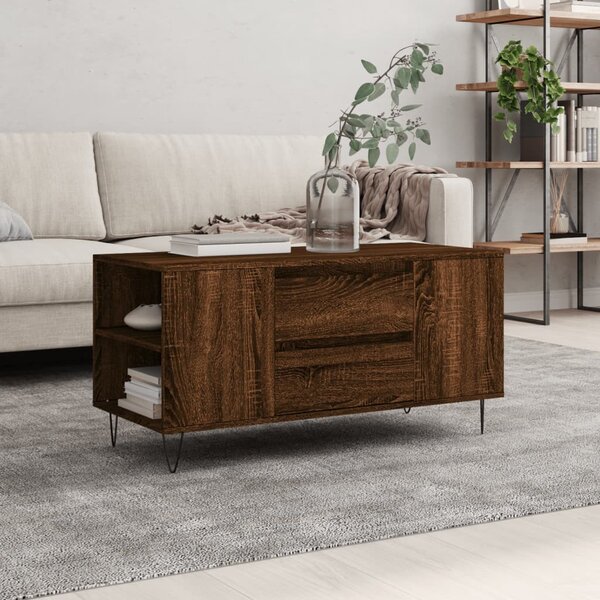 Barna tölgyszínű szerelt fa dohányzóasztal 102 x 44,5 x 50 cm