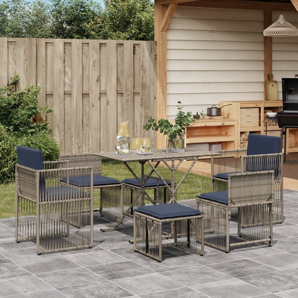 VidaXL 7 db szürke polyrattan kerti étkezőgarnitúra párnákkal