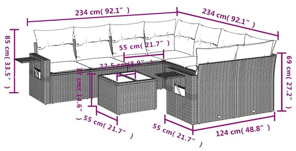 VidaXL 9 db barna polyrattan kerti kanapégarnitúra párnákkal