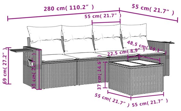 VidaXL 5 db szürke polyrattan kerti kanapégarnitúra párnákkal