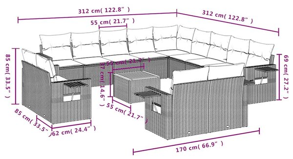 14 db szürke polyrattan kerti kanapégarnitúra párnákkal