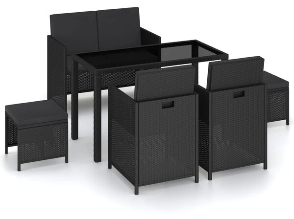 6 részes fekete polyrattan kültéri étkezőszett párnákkal