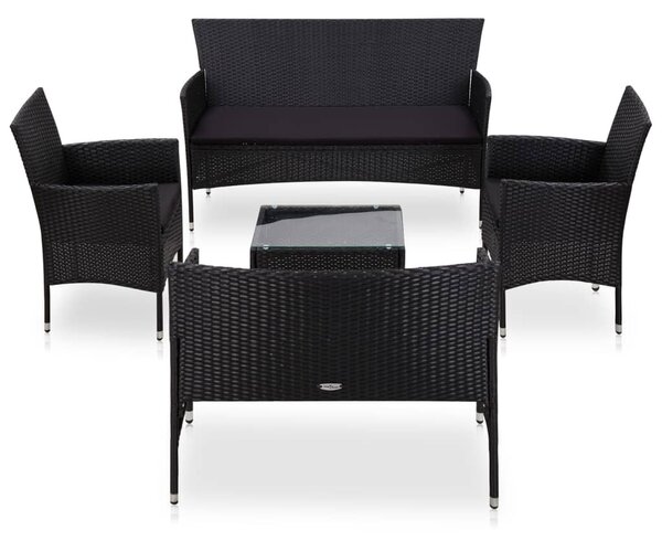 5 részes fekete polyrattan kerti bútorszett párnákkal