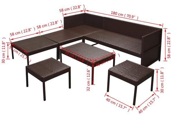 6-részes barna polyrattan kerti bútorszett párnákkal