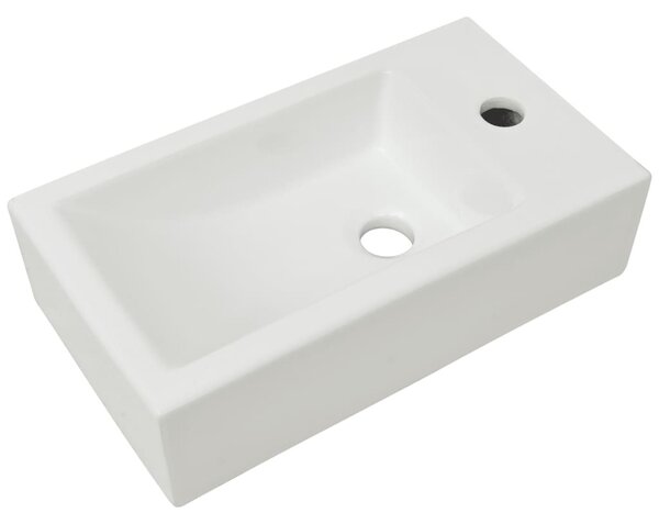 Téglalap-alakú, fehér kerámia mosdókagyló csaptelep furattal 46x25,5x12 cm