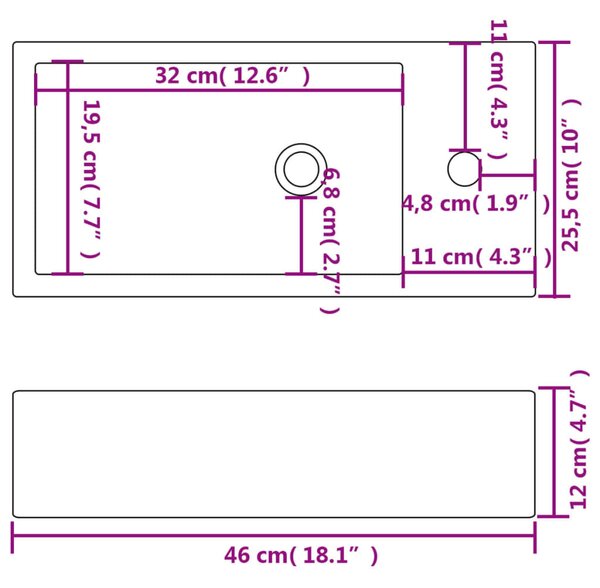Téglalap-alakú, fehér kerámia mosdókagyló csaptelep furattal 46x25,5x12 cm