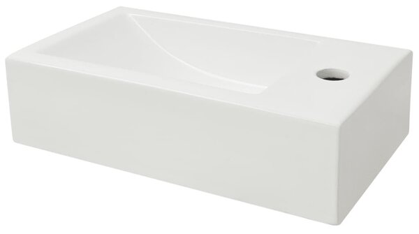 Téglalap-alakú, fehér kerámia mosdókagyló csaptelep furattal 46x25,5x12 cm