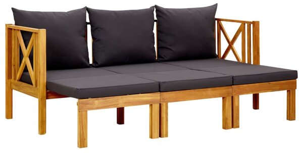 Háromszemélyes tömör akácfa kerti pad párnákkal 179 cm