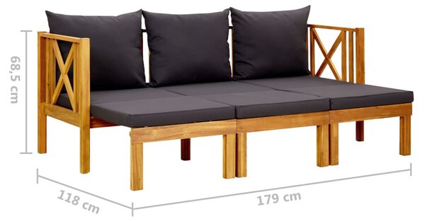 Háromszemélyes tömör akácfa kerti pad párnákkal 179 cm