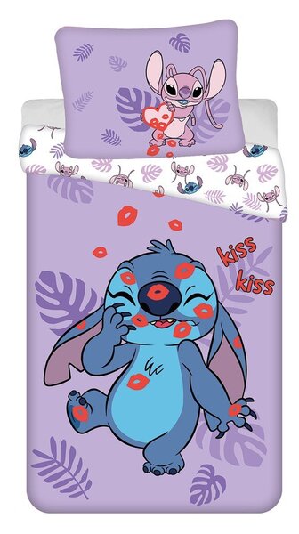 Lila egyszemélyes pamut gyerek ágyneműhuzat 140x200 cm Lilo and Stitch "Kiss" – Jerry Fabrics