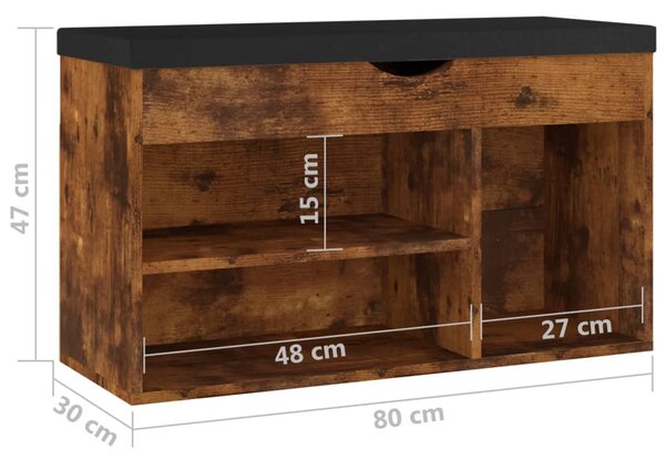 Füstös tölgy szerelt fa cipőtároló pad párnával 80 x 30 x 47 cm