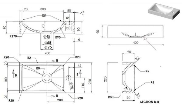 Fehér SMC mosdókagyló 400 x 220 x 90 mm