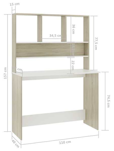 Fehér-Sonoma színű forgácslap íróasztal polcokkal 110 x 45 x 157 cm
