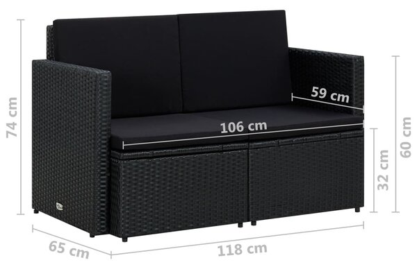 VidaXL fekete kétszemélyes polyrattan kerti kanapé párnákkal