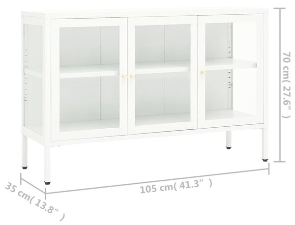 Fehér acél és üveg tálalószekrény 105 x 35 x 70 cm