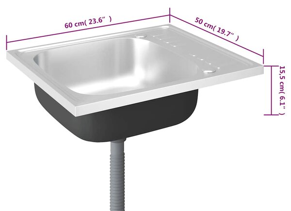Ezüst rozsdamentes acél lefolyós konyhamosogató 600x500x155 mm