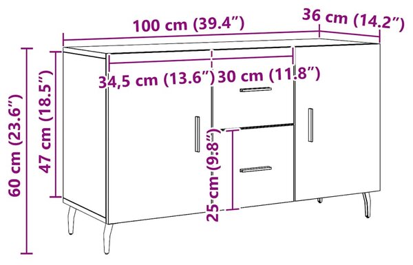 Kézműves tölgy színű szerelt fa tálalószekrény 100 x 36 x 60 cm