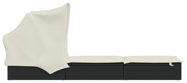 Fekete polyrattan napozóágy összecsukható tetővel 213x63x97 cm