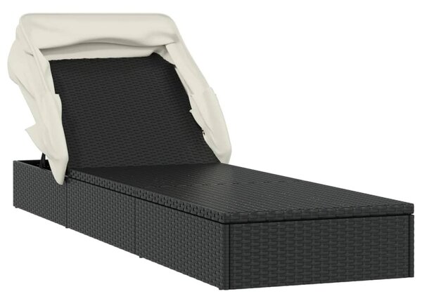 Fekete polyrattan napozóágy összecsukható tetővel 213x63x97 cm