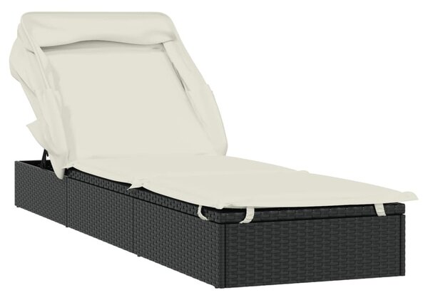 Fekete polyrattan napozóágy összecsukható tetővel 213x63x97 cm