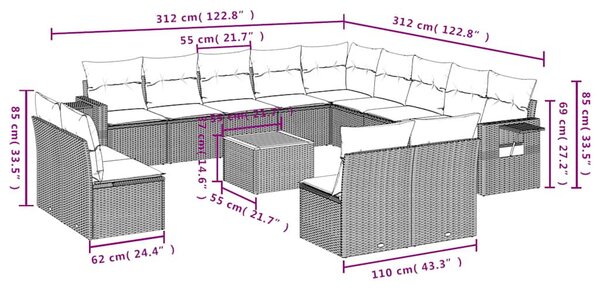 VidaXL 14 db fekete polyrattan kerti kanapégarnitúra párnákkal