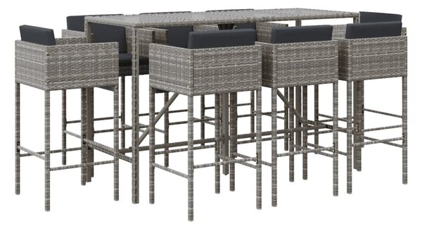 9 részes szürke polyrattan kerti bárszett párnával
