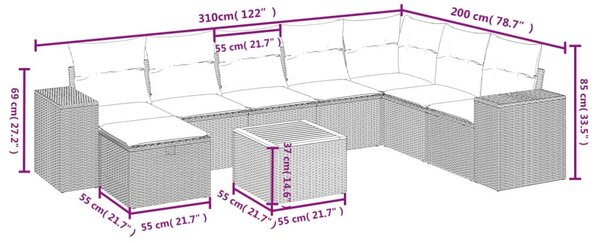 9 részes fekete polyrattan kerti ülőgarnitúra párnákkal