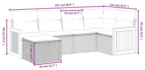 6 részes fekete polyrattan kerti ülőgarnitúra párnákkal