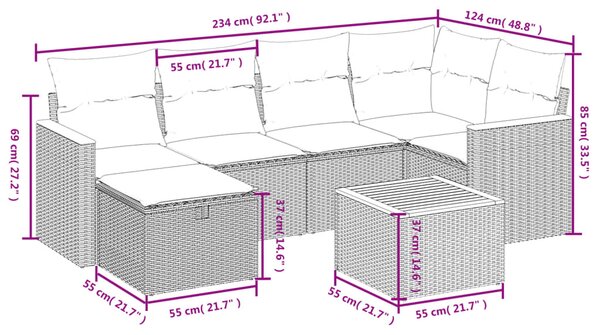 7 részes fekete polyrattan kerti ülőgarnitúra párnával