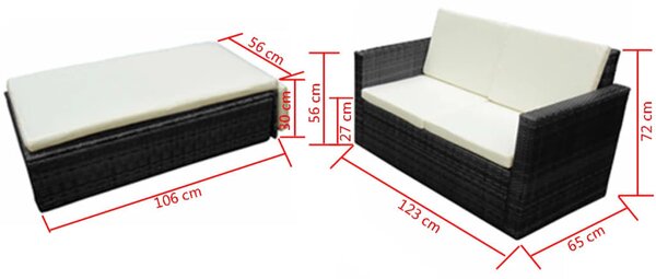 VidaXL 2 részes fekete polyrattan kerti ülőgarnitúra párnákkal