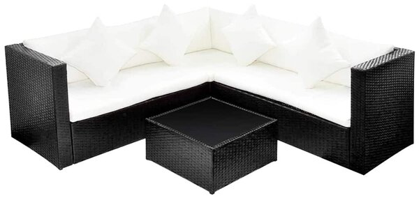 4-részes fekete polyrattan kerti bútorszett párnákkal