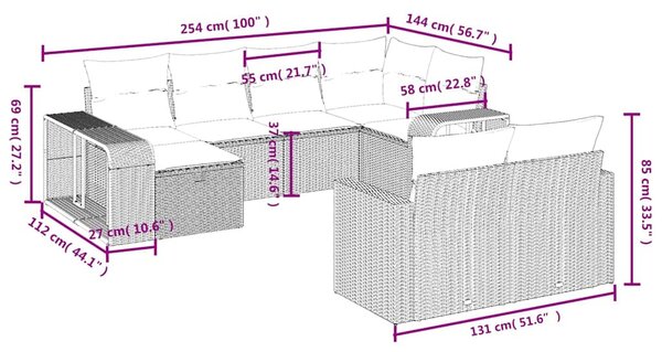 10 részes fekete polyrattan kerti ülőgarnitúra párnákkal
