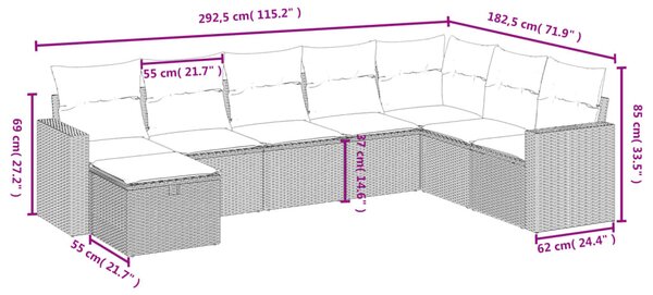 8 részes fekete polyrattan kerti ülőgarnitúra párnákkal