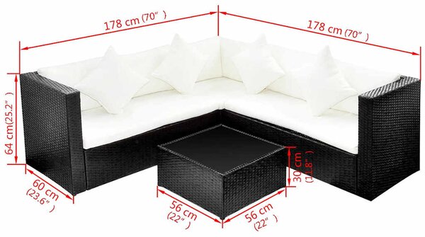 4-részes fekete polyrattan kerti bútorszett párnákkal