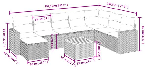 9 részes fekete polyrattan kerti ülőgarnitúra párnákkal