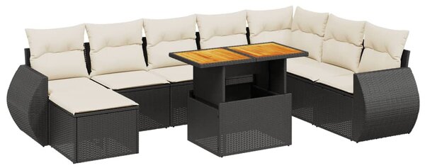 9 részes fekete polyrattan kerti ülőgarnitúra párnákkal