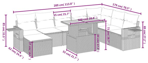 9 részes fekete polyrattan kerti ülőgarnitúra párnákkal