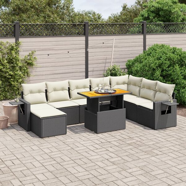 9 részes fekete polyrattan kerti ülőgarnitúra párnákkal