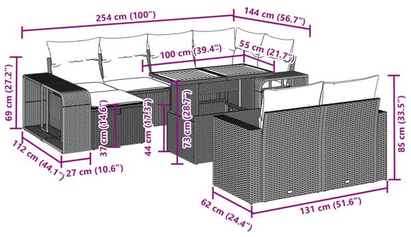 11 részes fekete polyrattan kerti ülőgarnitúra párnákkal