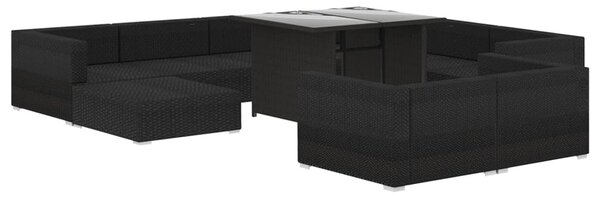 10-részes fekete polyrattan kerti bútorszett párnákkal