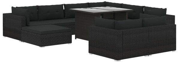10-részes fekete polyrattan kerti bútorszett párnákkal