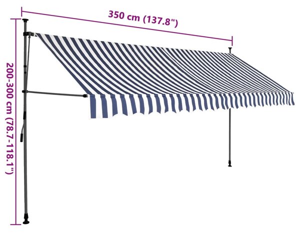 Kék és fehér kézzel kihúzható LED-es napellenző 350 cm