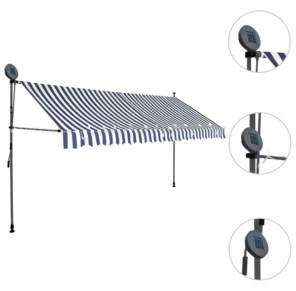 Kék és fehér kézzel kihúzható LED-es napellenző 350 cm