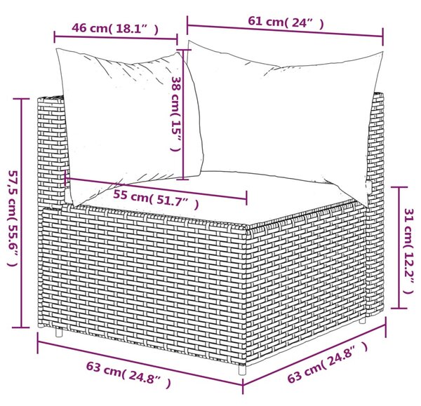 Fekete polyrattan kerti sarokkanapé párnákkal