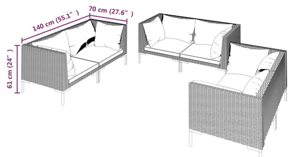 6 részes sötétszürke polyrattan kerti bútorszett párnákkal