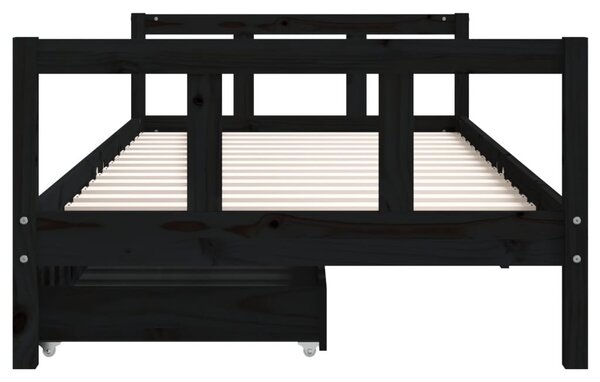 Fekete tömör fenyőfa gyerekágykeret fiókokkal 90 x 200 cm