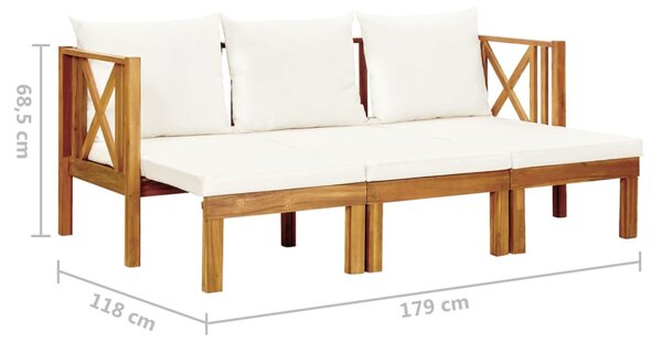 Háromszemélyes tömör akácfa kerti pad párnákkal 179 cm
