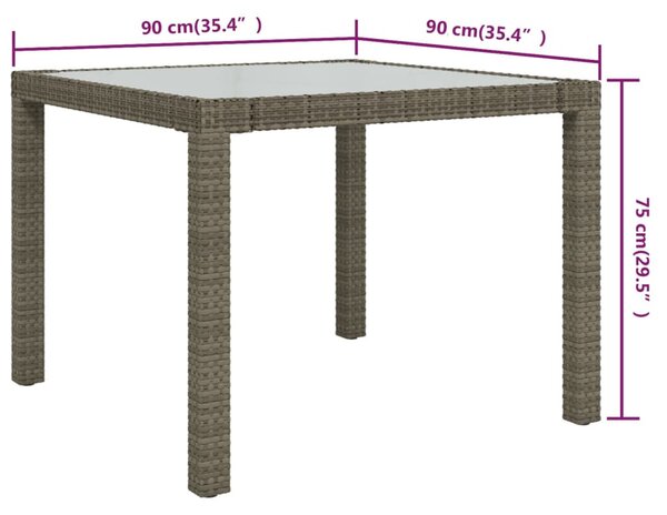 Szürke polyrattan és edzett üveg kerti asztal 90 x 90 x 75 cm